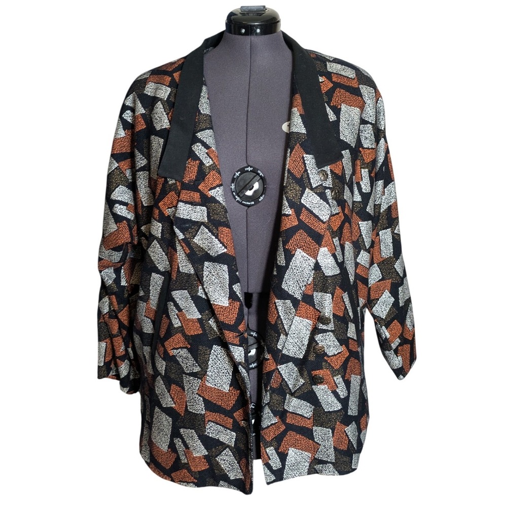 Vintage 80s Abstract Geometric Print Boxy Jacket Convertible Collar Artsy